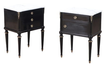 A PAIR OF EBONIZED FRENCH LOUIS XVI STYLE NIGHT STANDS HAVING MARBLE TOPS AND BRONZE TRIM CIRCA