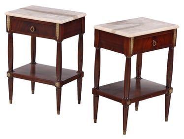 A PAIR OF FRENCH FLAME MAHOGANY LOUIS XVI STYLE NIGHT STANDS HAVING MARBLE TOPS AND BRONZE TRIM