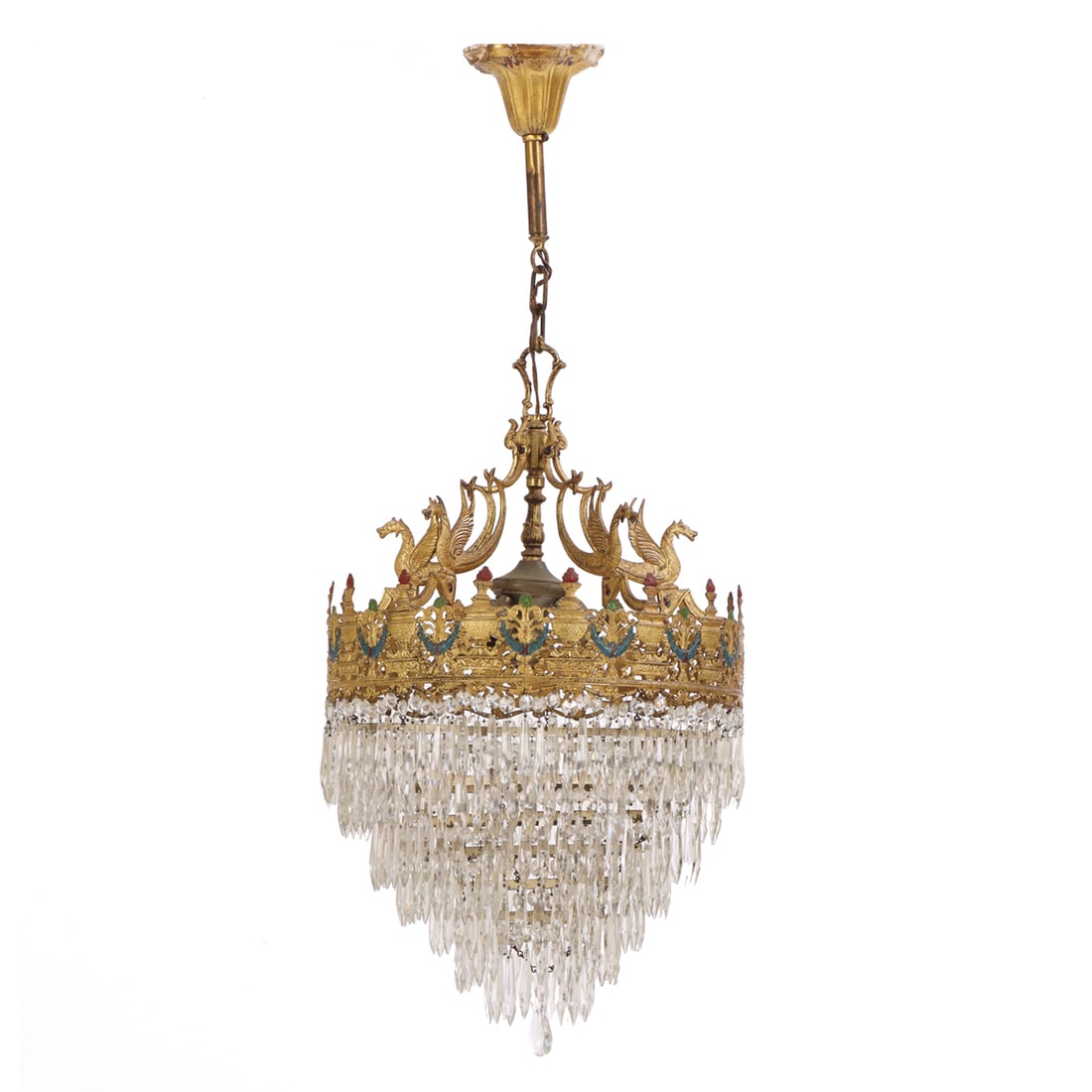 ART DECO 7-TIER CHANDELIER HAVING WINGED GRIFFINS, CAST BRONZE PAINT DECORATED WITH CRYSTAL PRISMS, (1 of 6)