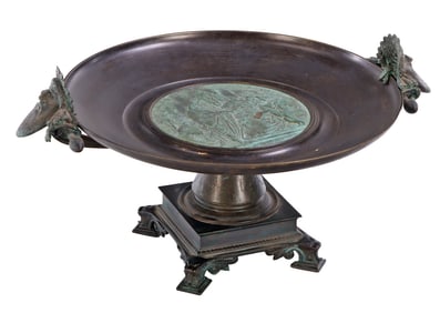 EMILE LOUIS PICAULT (FRENCH, 1833 - 1915) AN ANTIQUE BRONZE TAZZA WITH BACCHUS HEADS AND
