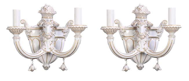 A RARE PAIR OF SIGNED DRESDEN ANTIQUE PAINTED PORCELAIN WALL SCONCES HAVING RAM'S HEAD