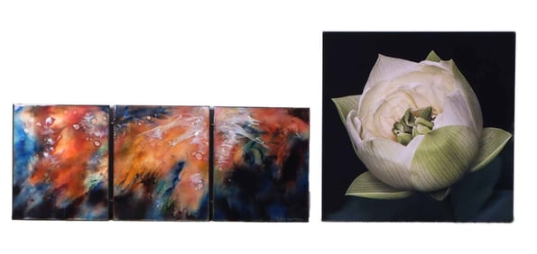 CYNTHIA MILLER (AMERICAN, CONTEMPORARY) ART GLASS ENAMEL ON COPPER TRIPTYCH WITH AN ART PRINT OF A