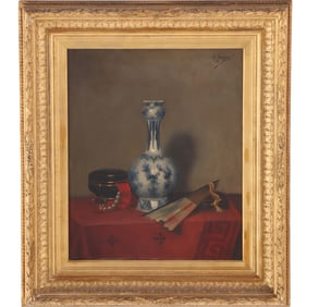 A FINE STILL LIFE OIL PAINTING ON BOARD HOUSED IN GILT FRAME, SIGNED M. SEEGER AND DATED 1885.