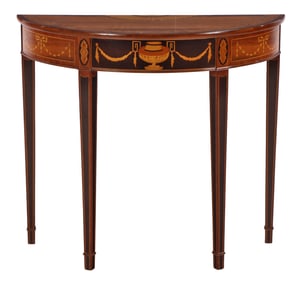 A ROSEWOOD DEMILUNE CONSOLE TABLE WITH ELABORATE INLAID DECORATION INCLUDING A CENTRAL URN FLANKED