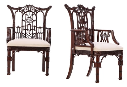 A PAIR OF CHINESE CHIPPENDALE STYLE CARVED MAHOGANY CHAIRS HAVING UPHOLSTERED SEATS CIRCA
