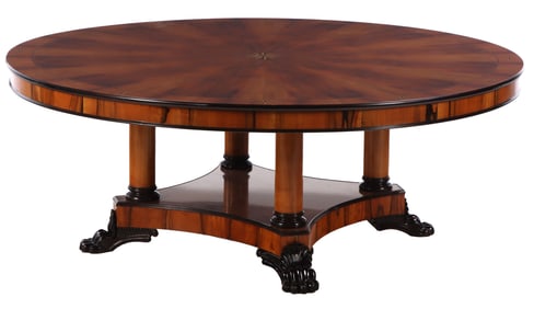 LARGE ROUND BURLWOOD TABLE HAVING STAR INLAID TOP RESTING ON PARTIAL EBONIZED BASE WITH CLAW FEET C