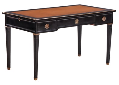 EBONIZED MAHOGANY LOUIS XIV STYLE LEATHER TOP WRITING DESK HAVING PULL OUT LEATHER SLIDES C