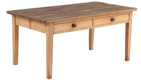 NINETEENTH CENTURY PINE TABLE HAVING TWO DRAWERS WITH WOODEN KNOBS.