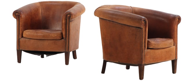 PAIR LEATHER CLUB CHAIRS FROM HOLLAND C 1940.