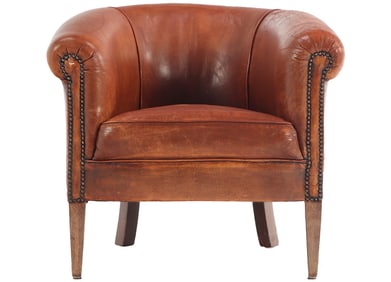 LEATHER LOUNGE CHAIR HAVING ROLLED BACK AND BRASS NAIL TRIM C 1945.