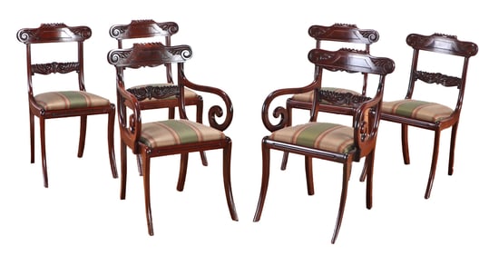 SIX NINETEENTH CENTURY MAHOGANY REGENCY STYLE DINING CHAIRS INCLUDING TWO ARM CHAIRS.