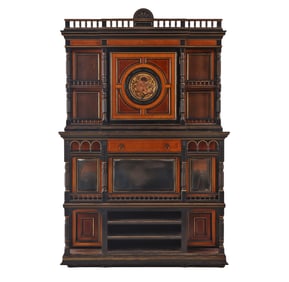 ENGLISH AESTHETIC MOVEMENT PARTIAL GILT AND EBONIZED TWO PART CABINET HAVING A CENTRAL DOOR