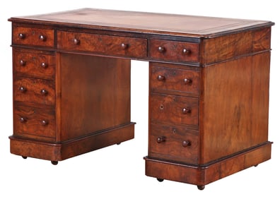 A THREE PART BURL WALNUT ENGLISH VICTORIAN PEDESTAL FORM WRITING DESK HAVING GILT EMBOSSED