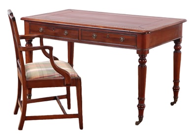 A 19TH CENTURY ENGLISH MAHOGANY TWO DRAWER LEATHER TOP WRITING DESK ALONG WITH A MAHOGANY OPEN ARM