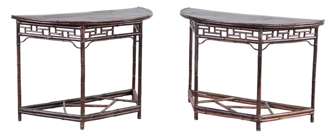 A PAIR OF BAMBOO DEMILUNE CONSOLE TABLES.