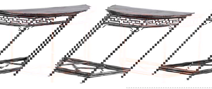 A PAIR OF  BAMBOO DEMILUNE CONSOLE TABLES.: A pair of bamboo demilune console tables. Ht: 31.75" Wd: 46" Dpth: 22.25"