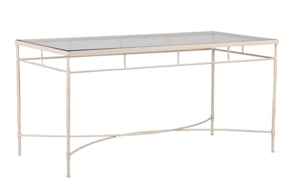 A SIMPLE AND ELEGANT WROUGHT IRON AND GLASS GARDEN OR DECK TABLE.