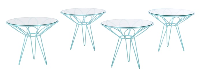 A SET OF FOUR PAINTED BLUE IRON AND GLASS GARDEN OR DECK TABLES IN THE MANNER OF RUSSELL WOODARD.