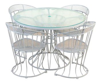 A MCM FIVE PIECE IRON AND GLASS TOP PATIO SET WITH FOUR BARREL BACK CHAIRS, NEWLY POWDER COATED.
