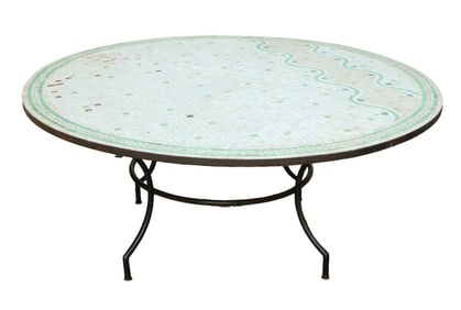 A LARGE MOSAIC TILE TOP TABLE RAISED ON IRON BASE.