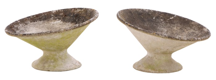 PAIR FRENCH CAST STONE DISC FORM PLANTERS BY WILLY GUHL C 1975.