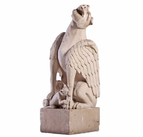 A FRENCH CAST STONE SCULPTURE OF A WINGED GARGOYLE WITH ITS NEWBORN.