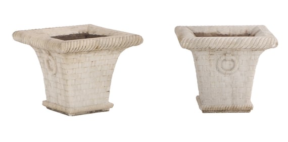 15" PAIR SOLID CARVED MARBLE PLANTERS WITH BASKET WEAVE DESIGN AND RING HANDLES.