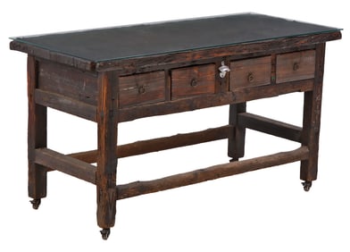 AN ANTIQUE RUSTIC WOOD POTTING TABLE WITH GLASS TOP. WOULD BE A GREAT KITCHEN ISLAND.