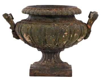 LATE NINETEENTH CENTURY FRENCH CAST IRON TABLE TOP GARDEN URN WITH HANDLES.