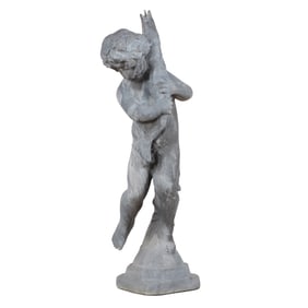 ONE OF TWO 41" CLASSIC LEAD FOUNTAIN FIGURES OF A BOY HOLDING A FISH AFTER THE ANTIQUE.