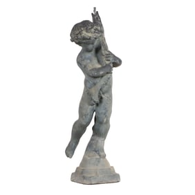 ONE OF TWO 41" CLASSIC LEAD FOUNTAIN FIGURES OF A BOY HOLDING A FISH AFTER THE ANTIQUE.