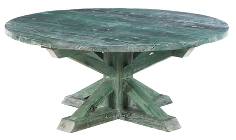 LARGE SOLID OAK PEDESTAL TABLE WITH A GREEN FINISH.