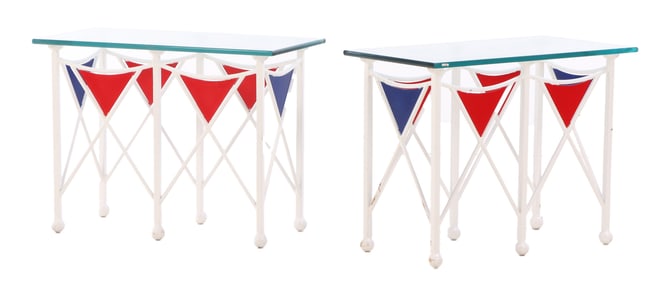 A PAIR OF JEAN ROYERE STYLE PAINTED IRON TABLES HAVING GLASS TOPS. THE TABLES HAVING A NAUTICAL