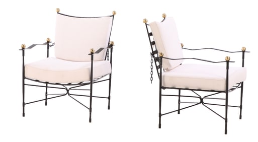 A PAIR OF AMALFI PAINTED IRON AND BRASS ADJUSTABLE ARM CHAIRS DESIGNED BY MARIO PAPPERZINI