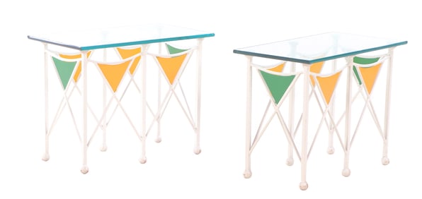 A PAIR OF JEAN ROYERE STYLE PAINTED IRON TABLES HAVING GLASS TOPS. THE TABLES HAVING A NAUTICAL
