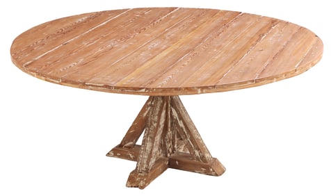 70" ROUND PITCH PINE TABLE RESTING ON AN ARCHITECTURAL PEDESTAL.
