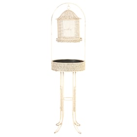 IRON BIRD CAGE HANGING ON A PLANTER BASE C 1950.
