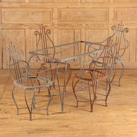 A WHIMSICAL VINTAGE FRENCH WROUGHT IRON TABLE AND MATCHING CHAIRS (NO GLASS).