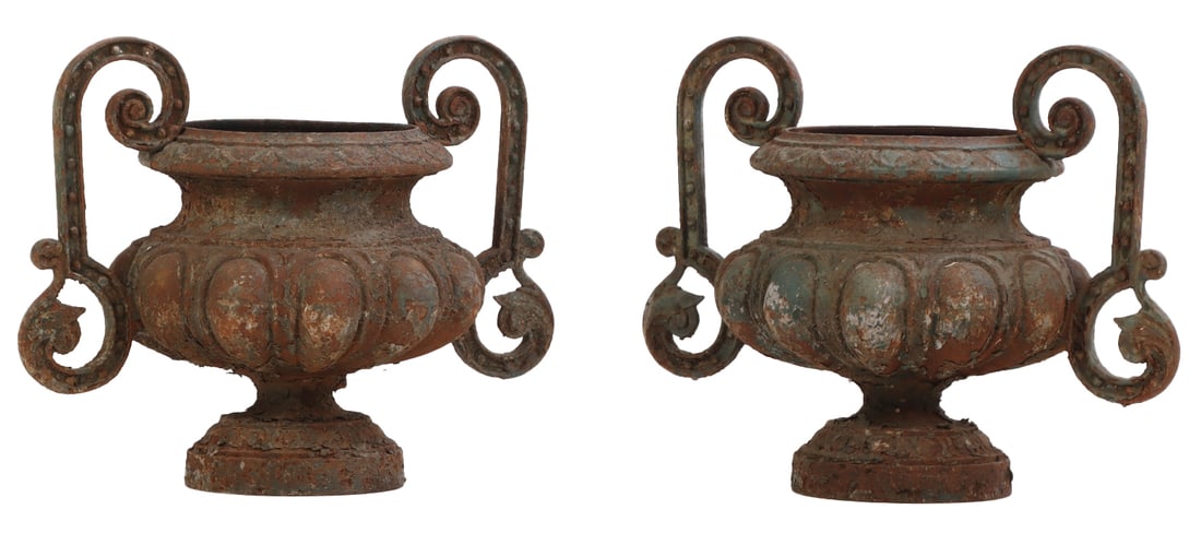 PAIR OF FRENCH TABLE TOP CAST IRON GARDEN URNS WITH HANDLES C 1890. (1 of 6)