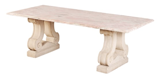 FRENCH MARBLE TABLE C 1950 HAVING A PALE PINK AND WHITE MARBLE TOP RESTING ON CAST STONE CASES.