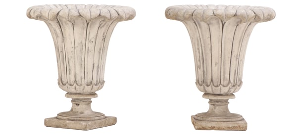 PAIR 30" FRENCH CAST STONE TULIP SHAPED PLANTERS C 1970