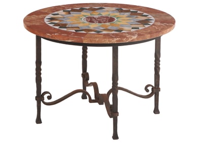 FRENCH IRON TABLE WITH MARBLE MOSAIC TOP.