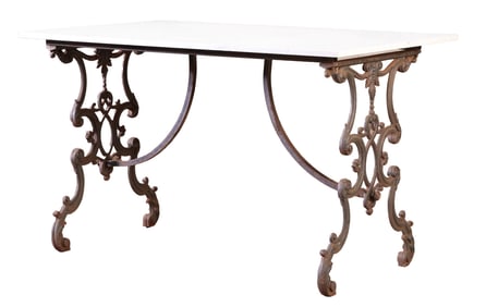 FRENCH CAST IRON GARDEN TABLE C 1880 HAVING A WHITE MARBLE TOP.