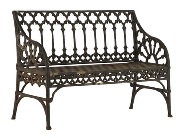 PAINTED ALUMINUM GOTHIC STYLE GARDEN BENCH IN THE MANNER OF COALBROOKDALE.