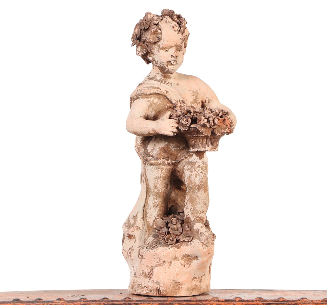 TERRACOTTA FIGURE OF A YOUNG BOY HOLDING A BASKET OF FLOWERS.: Terracotta figure of a young boy holding a basket of flowers. Ht: 26" Wd: 10.5" Dpth: 10.5"