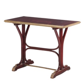 FRENCH BENTWOOD AND BRASS BISTRO TABLE HAVING A FAUX MARBLE LAMINATE TOP.