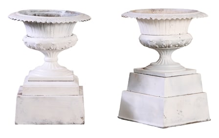 PAIR OF SIGNED KRAMER BROTHERS CAST IRON FIVE PART GARDEN URNS C 1910.