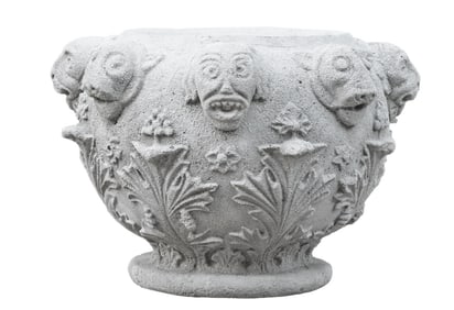 ONE LARGE FRENCH STONE PLANTER WITH LION MASK DECORATION C 1920.