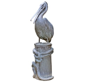 MONUMENTAL NAUTICAL 73" BRONZE PELICAN FOUNTAIN SITTING ATOP A PILING WRAPPED IN ROPE.