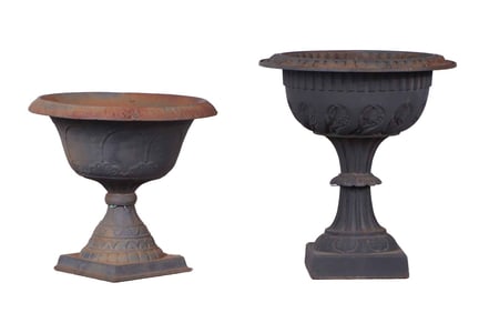 LATE VICTORIAN CAST IRON GARDEN URN ( RIGHT) ALONG WITH A LATER CAST IRON GARDEN URN,